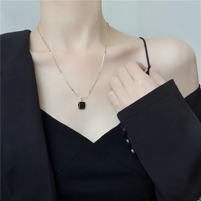 Korean Jewelry White Square Pendant Necklace for Women in 925 Sterling Silver