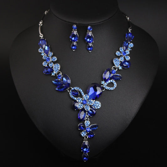 Wedding Jewelry Blue Rhinestone Flower Jewelry Set for Bridal Statement Accessories