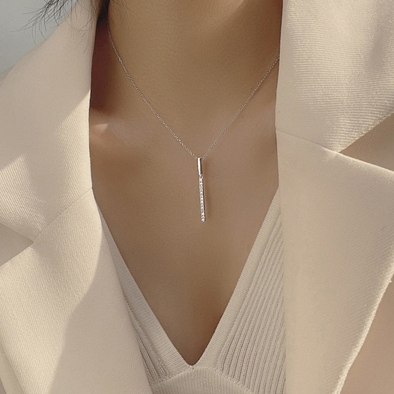 Fashion Jewelry Long Bar Necklace for Women with Rhinestone in Silver Color