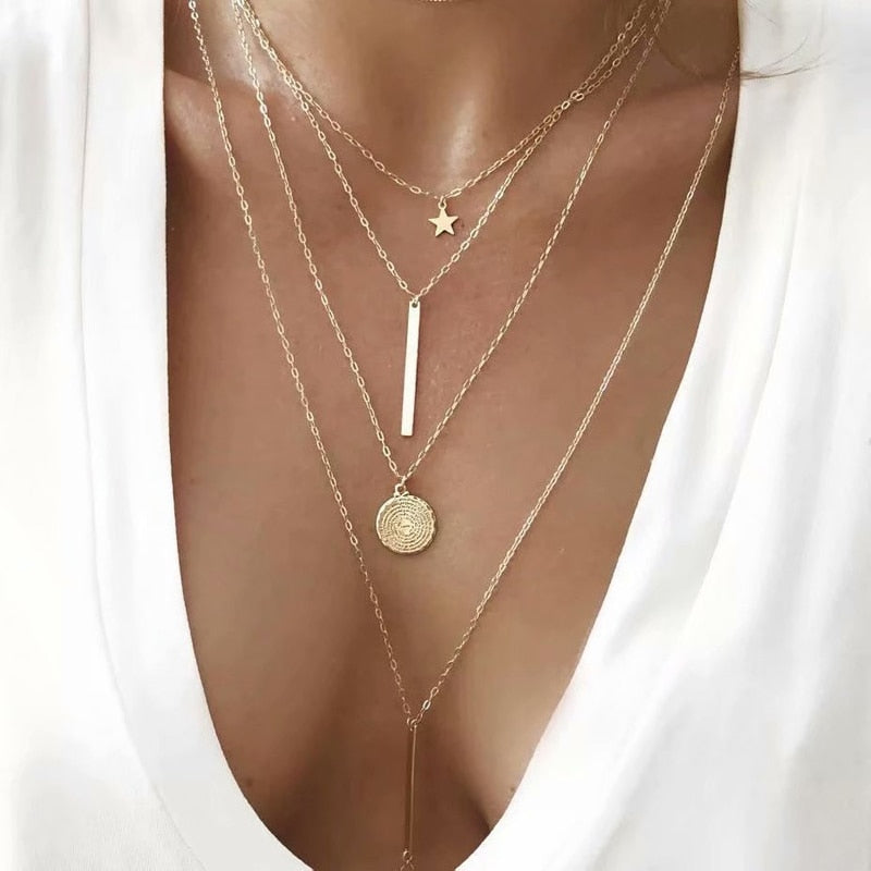 Layered Necklaces for Women with Cross Pendants and Coin Pendants