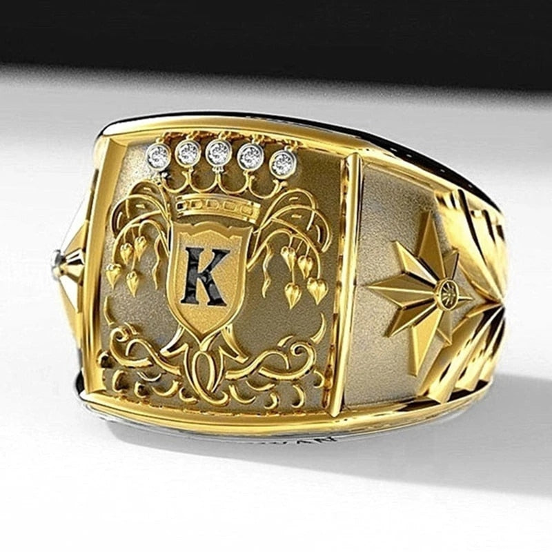 Trendy Jewelry Letter K Signet Rings for Men with Zircon in Gold Color
