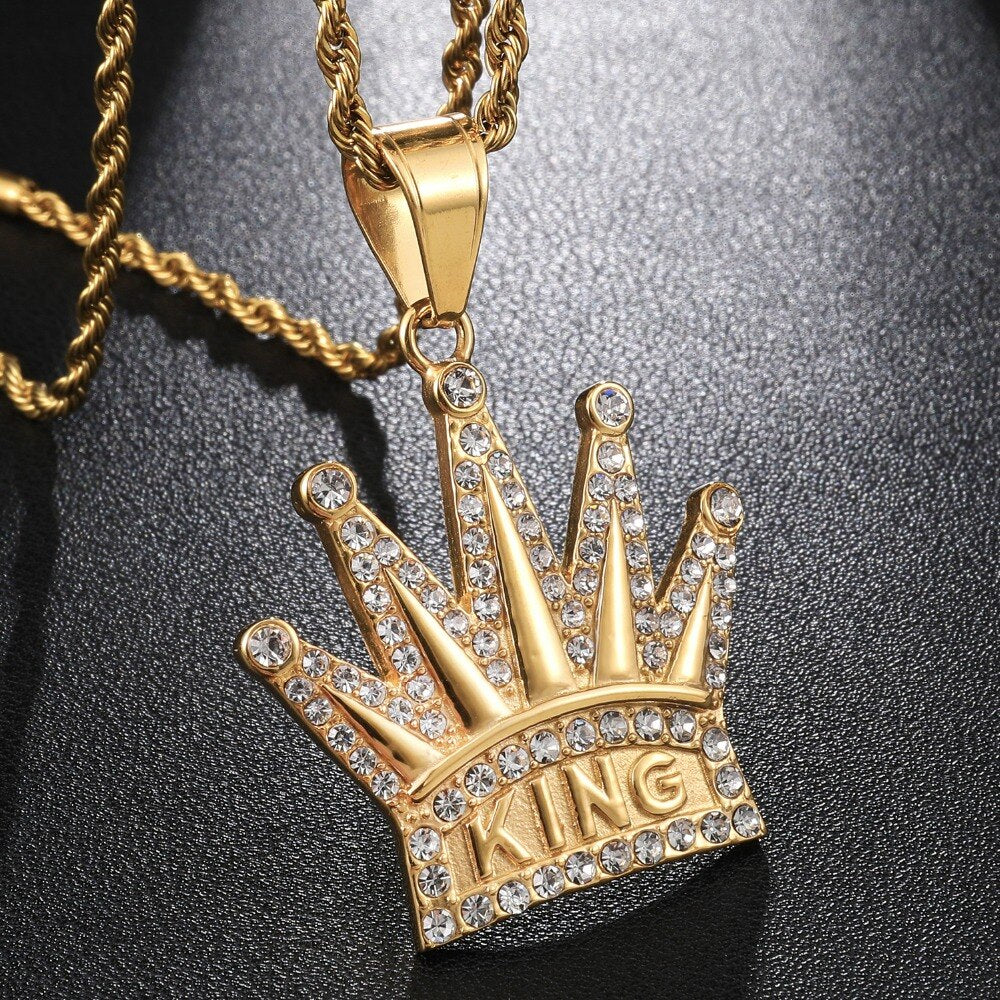 Hip Hop Jewelry King Crown Enamel Pendant Necklace with Rhinestone in Gold Color