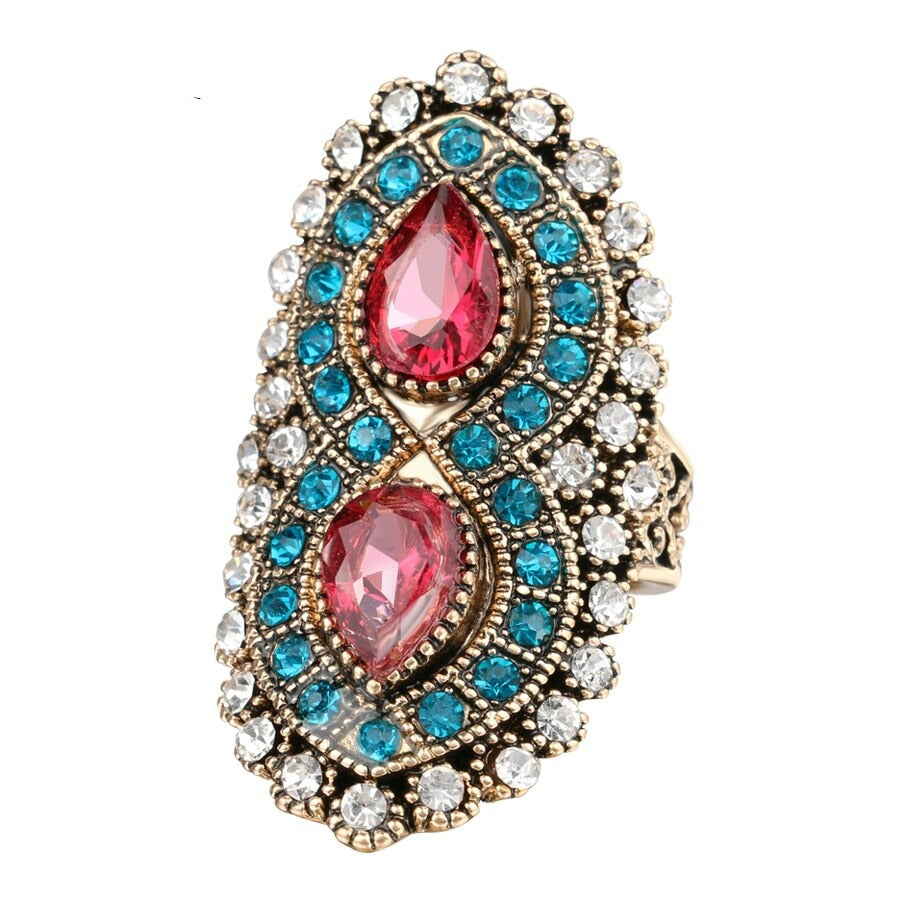 Vintage Jewelry Bohemia Pink Rings For Women with Mosaic Blue Crystal