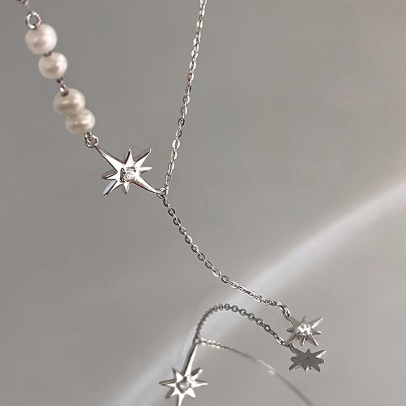 Korean Jewelry Starburst Pearl Pendant Necklace for Women in 925 Sterling Silver