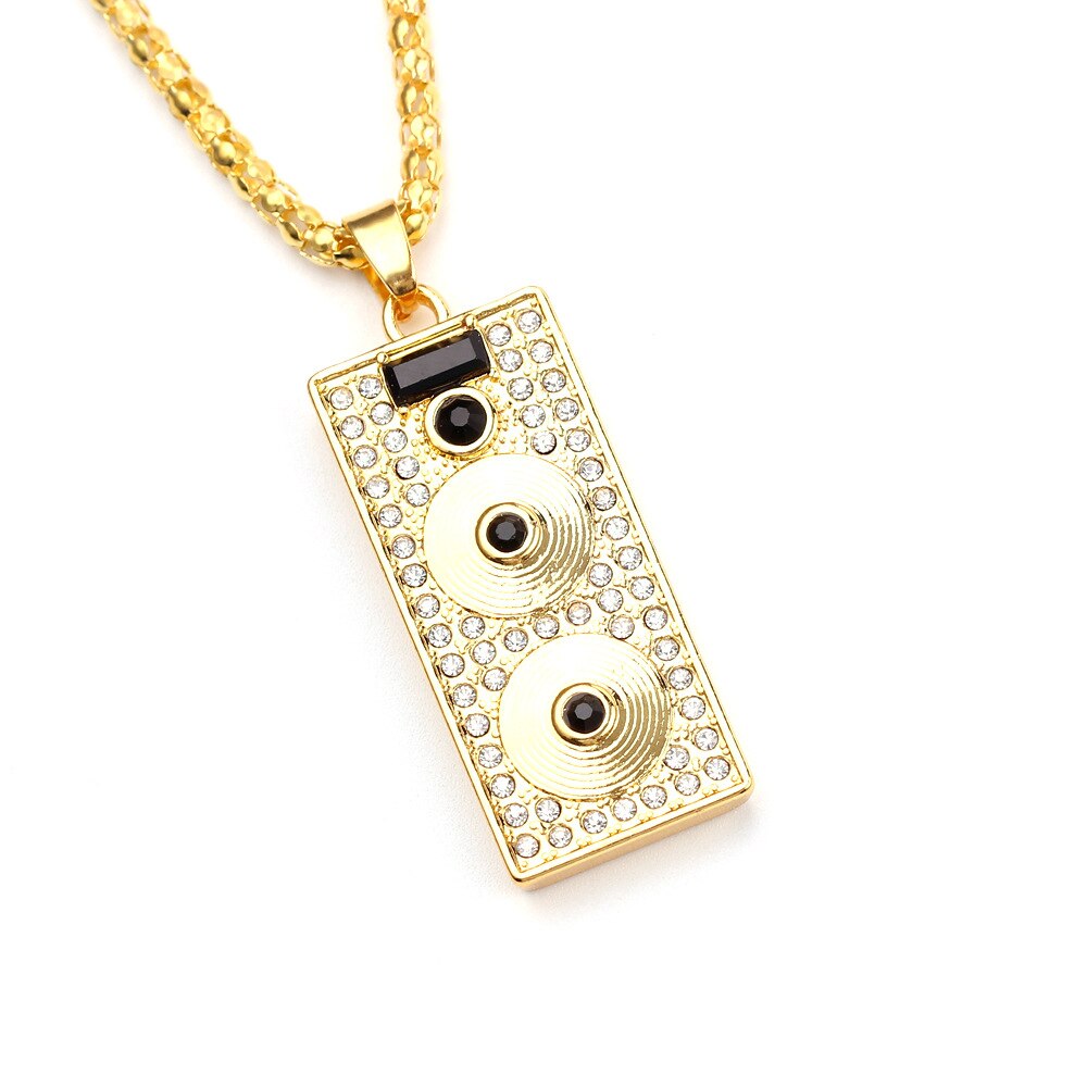 Trendy DJ audio player Square Pendant Necklaces with Rhinestone in Gold Color