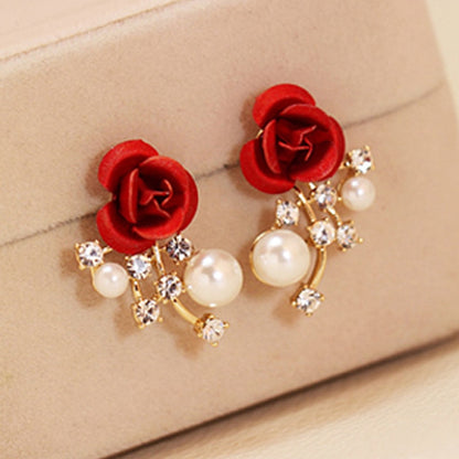 Sweet Jewelry Rose Stud Earrings For Women in Red Color