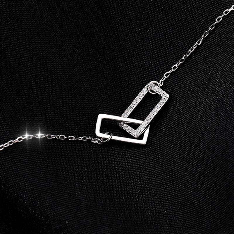 Hollow Double Square Necklace with Rhinestone for Women in 925 Sterling Silver