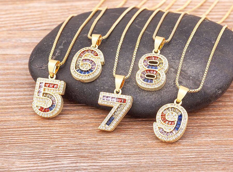 Red Enamel Numeral Number Pendant Necklaces For Women in Gold Color