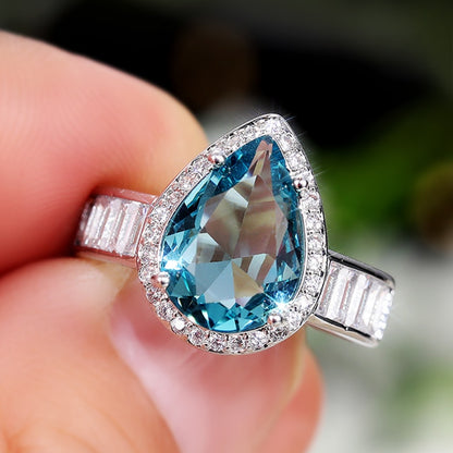 Victorian Jewelry Luxury Blue Pear Cut Cubic Zircon Cocktail Ring for Women