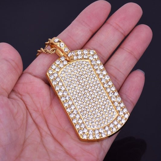 Hip Hop Jewelry Geometry Square Pendant Necklace with Rhinestone in Gold Color