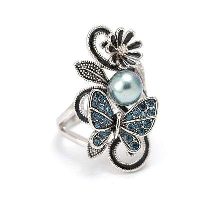 Vintage Jewelry Flower Rings for Women with Blue Pearl in Silver Color