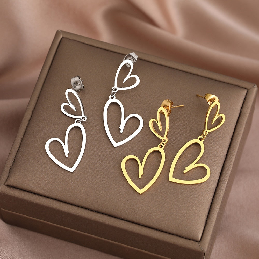 Sweet Jewelry Double Heart Stud Earrings For Women in Gold Color and Silver Color