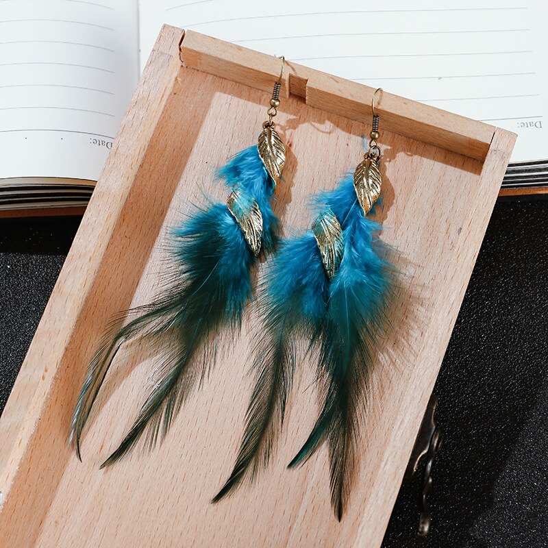 Bohemian Jewelry Feather Dangle Earrings For Women in Gold Color