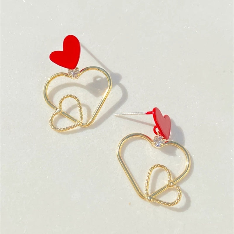 Stainless Steel Jewelry Double Heart Stud Earrings For Women in Gold Color