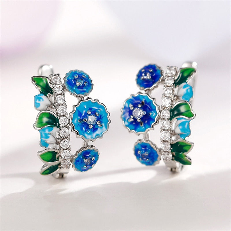 Trendy Jewelry Blue Flower Stud Earrings for Women with Zircon in Silver Color