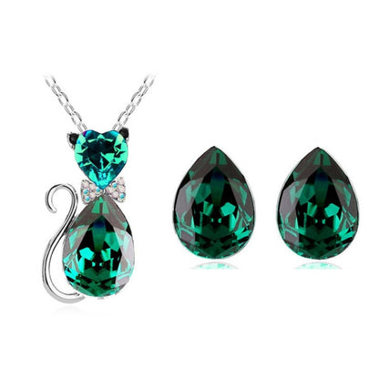 Fashion Jewelry Cute Green Cat Austrian Crystal Jewelry Set for Women