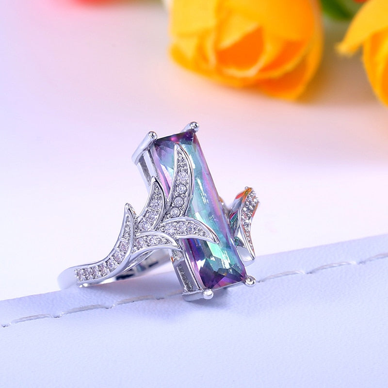 Fashion Jewelry Luxury Colorful Rectangular CZ Cocktail Ring for Women