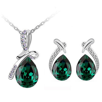 Wedding Jewelry Green Tear Drop Crystal Jewelry Set for Bridal in Sliver Color
