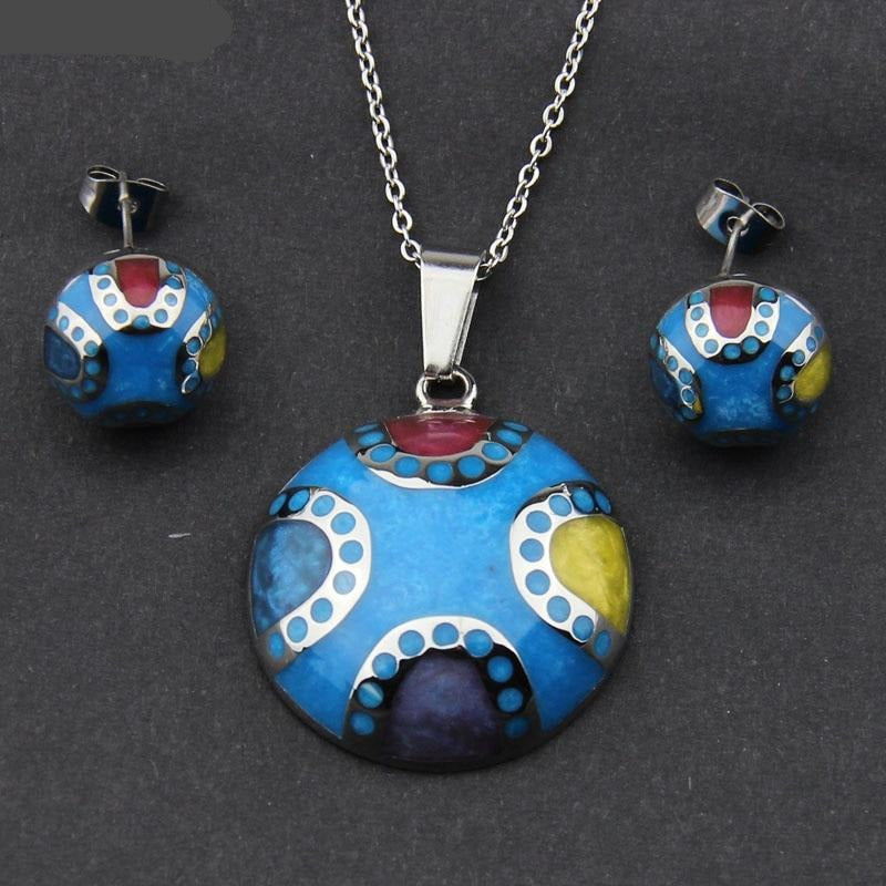 Stainless Steel Jewelry Half Ball Shape Blue Resin Jewelry Set for Women in Silver Color