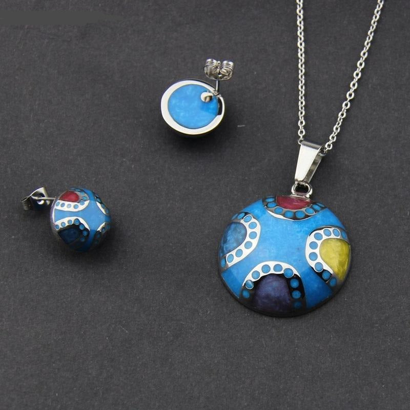 Stainless Steel Jewelry Half Ball Shape Blue Resin Jewelry Set for Women in Silver Color