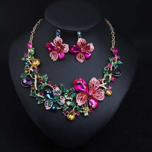 Wedding Jewelry Bohemia Multi-color Flower Crystal Jewelry Set for Bridal Statement Accessories