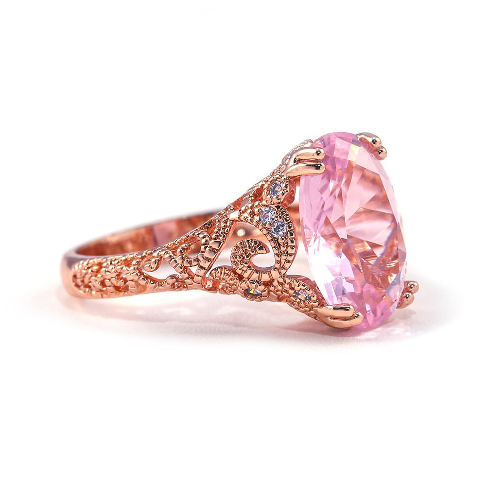 Victorian Jewelry Hollow Oval Cut Pink Zircon Cocktail Rings for Women in Rose Gold Color