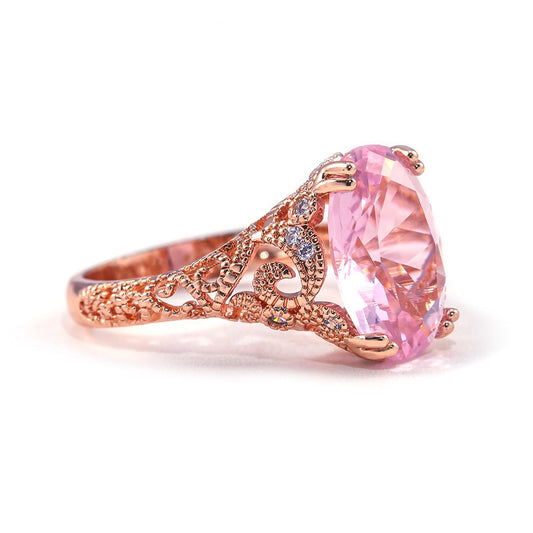 Victorian Jewelry Hollow Oval Cut Pink Zircon Cocktail Rings for Women in Rose Gold Color