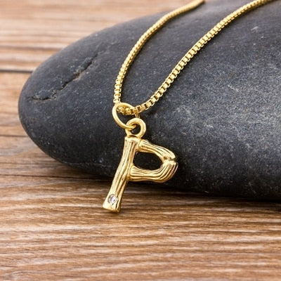 Metal Bamboo Necklace with Initial P for Women and Men in Gold Color