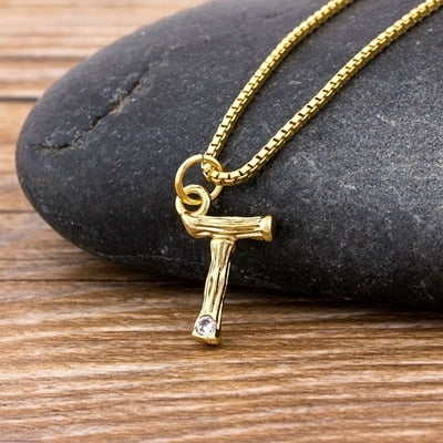 Metal Bamboo Necklace with Initial T for Women and Men in Gold Color