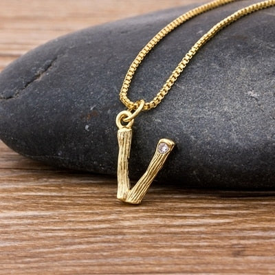 Metal Bamboo Necklace with Initial V for Women and Men in Gold Color