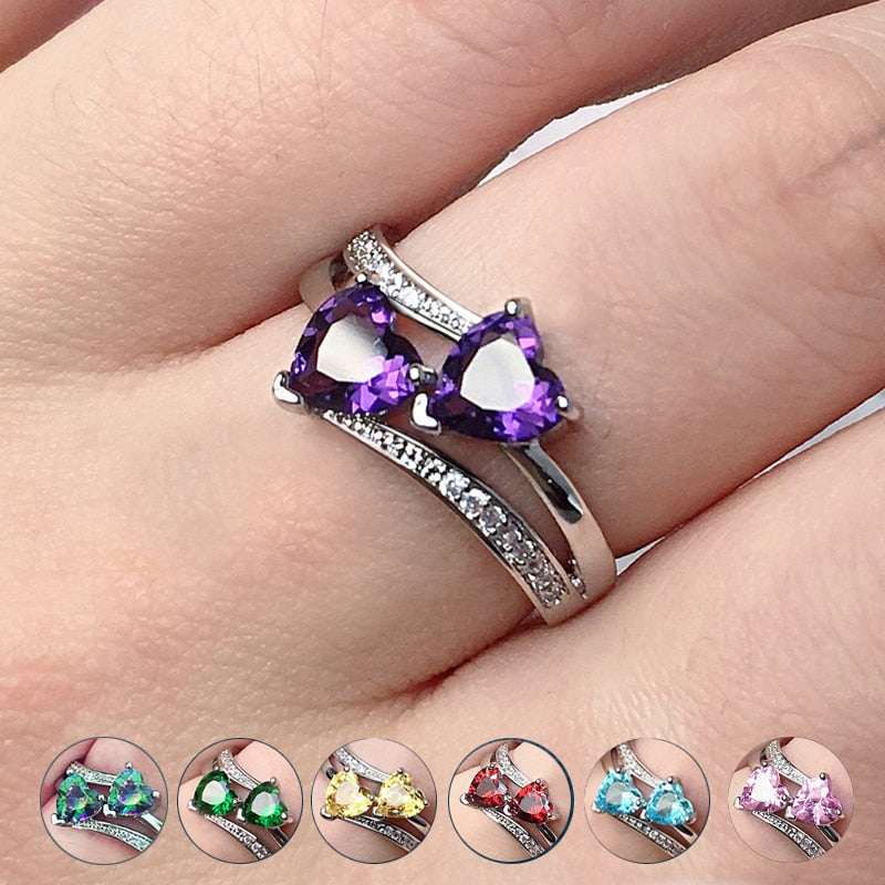 Wedding Jewelry Stylish Double Heart Zircon Engagement Ring for Women in Silver Color