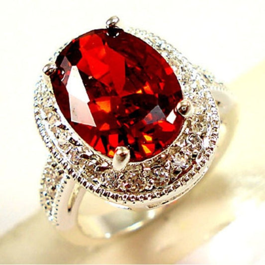 Victorian Jewelry Oval Cut Red Zircon Cocktail  Rings for Women in Silver Color