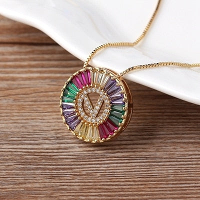 Micro Pave Rainbow Sun Necklace with Initial A-Z Cubic Zircon in Gold Color