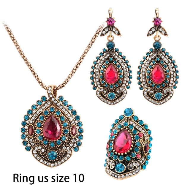 Turkish  Jewelry Pink Crystal Flower Jewelry Set for Women with Zircon in Gold Color