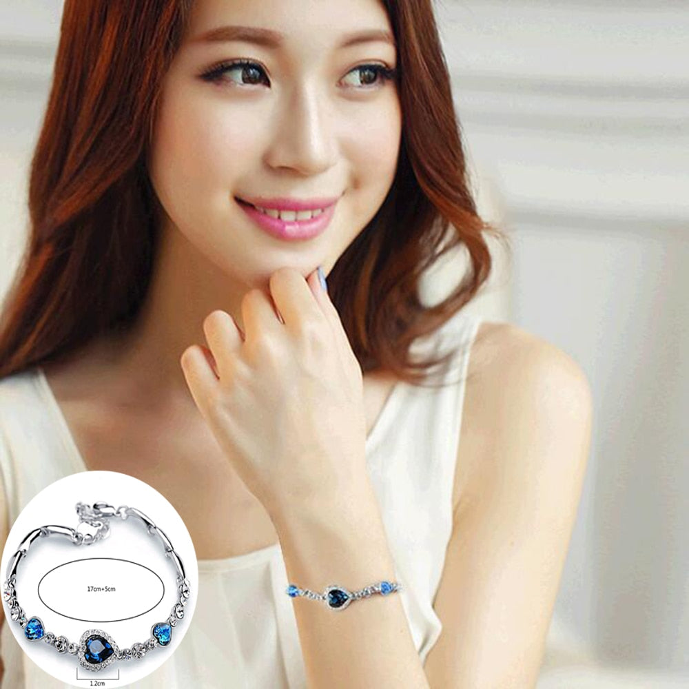 Fashion Jewelry Romantic Blue Heart Cut Crystal Bracelet for Women