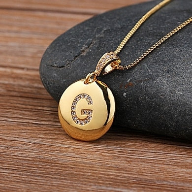 Copper Round Pendant Necklace with Initial A-Z Zircon in Gold Color