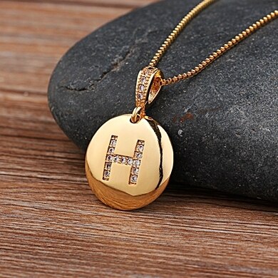 Copper Round Pendant Necklace with Initial A-Z Zircon in Gold Color