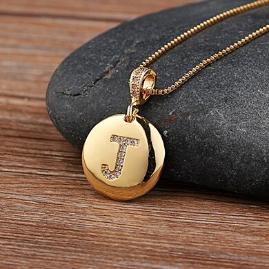 Copper Round Pendant Necklace with Initial A-Z Zircon in Gold Color