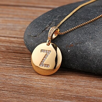 Copper Round Pendant Necklace with Initial A-Z Zircon in Gold Color