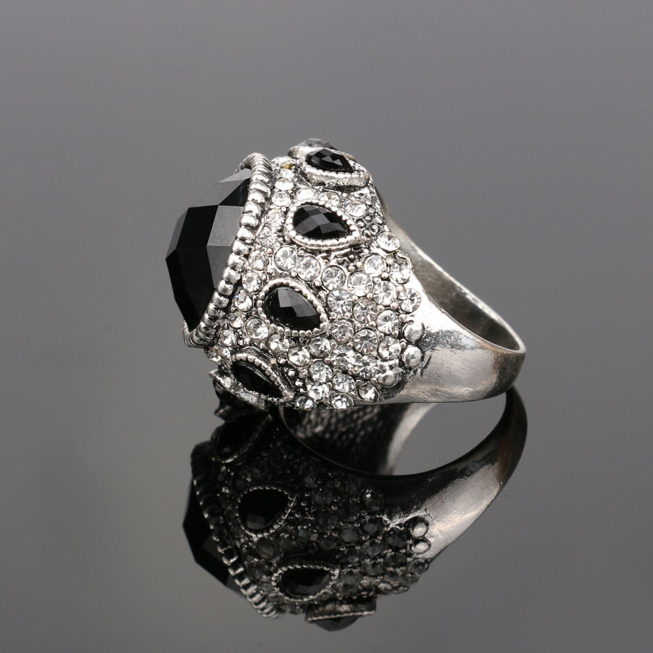Turkish Jewelry Oval Crystal Rings for Women with Black Crystal in Silver Color