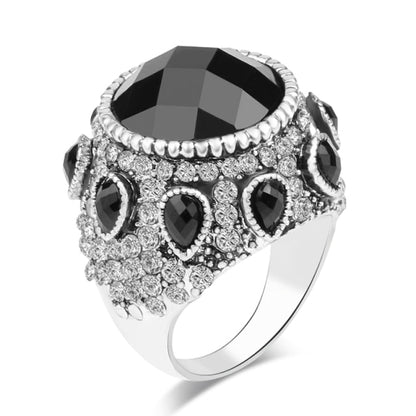 Turkish Jewelry Oval Crystal Rings for Women with Black Crystal in Silver Color