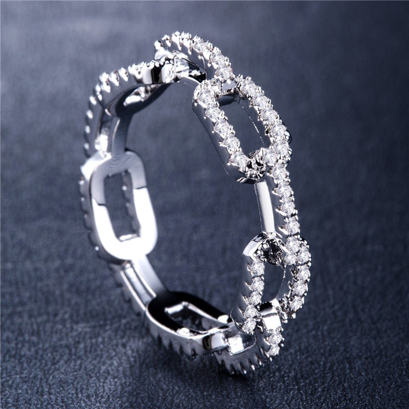 Hip Hop Jewelry Creative Chain Design Ring for Women with Zircon in Silver Color