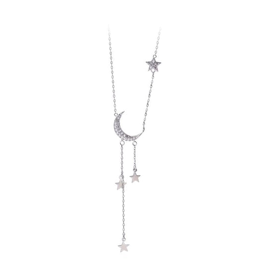 Trendy Jewelry Moon Star Tassel Necklace for Women with Zircon in 925 Sterling Silver