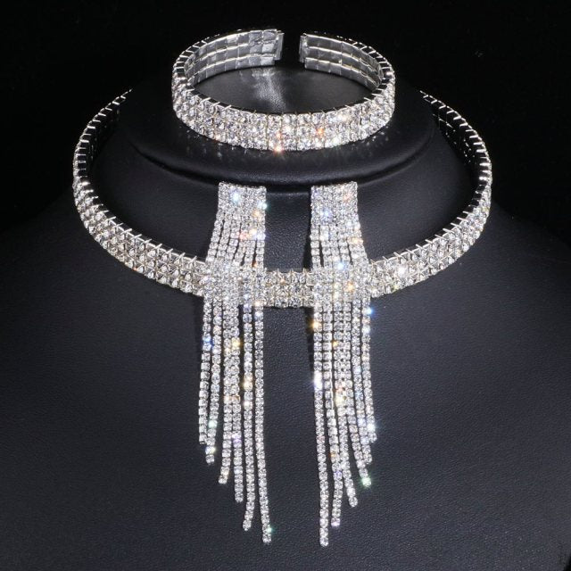 Wedding Jewelry Elegant Tassel Jewelry Set for Bride with Rhinestones