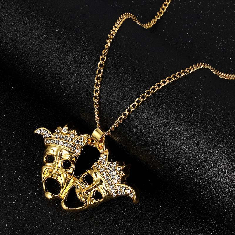 Hip Hop Jewelry Clown Mask Pendant Necklace with Rhinestone in Gold Color