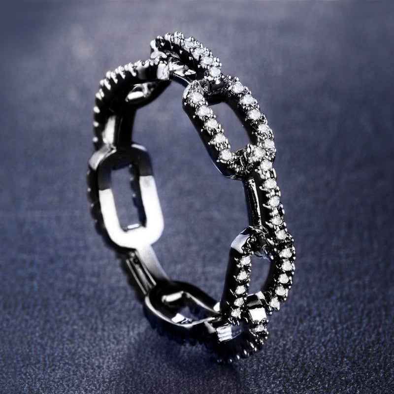 Hip Hop Jewelry Creative Chain Design Ring for Women with Zircon in Silver Color