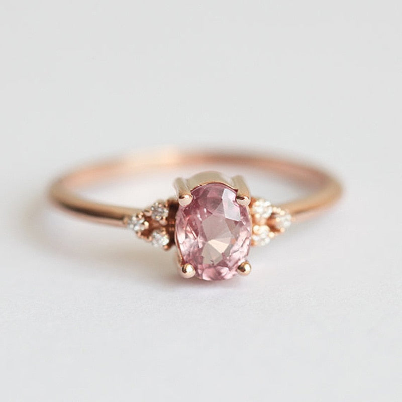 Pink Oval Cut Gemstone Solitaire Rings for Women with Zircon in Rose Gold Color