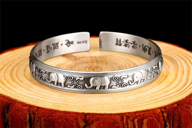 Vintage Jewelry Elephant Bangle Bracelet Carved Scriptures  in 925 Sterling Silver