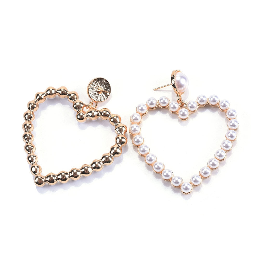 Statement Jewelry Big Heart Pearl Drop Earrings with Zircon in Gold Color