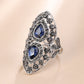 Vintage Jewelry Blue Glass Rings For Women with  Grey Crystal in Silver Color